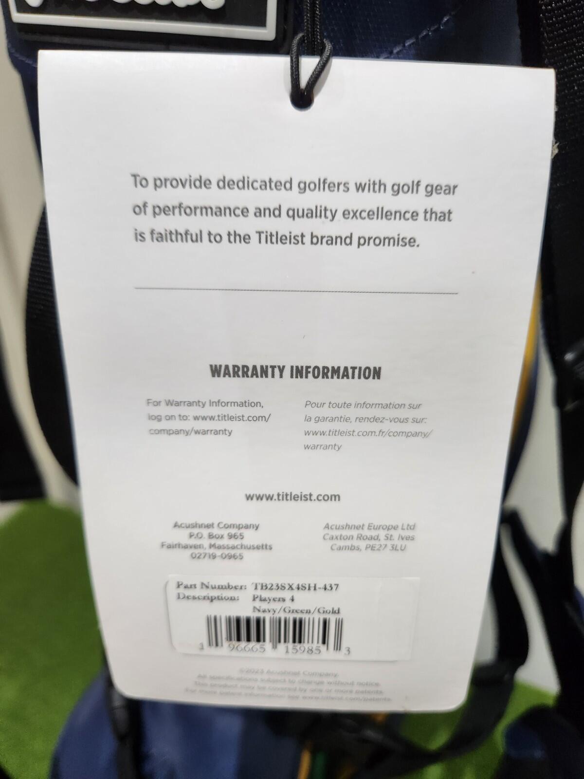Titleist Players 4 Stand Bag - Limited Edition - Navy/Green/Gold - New With Tags